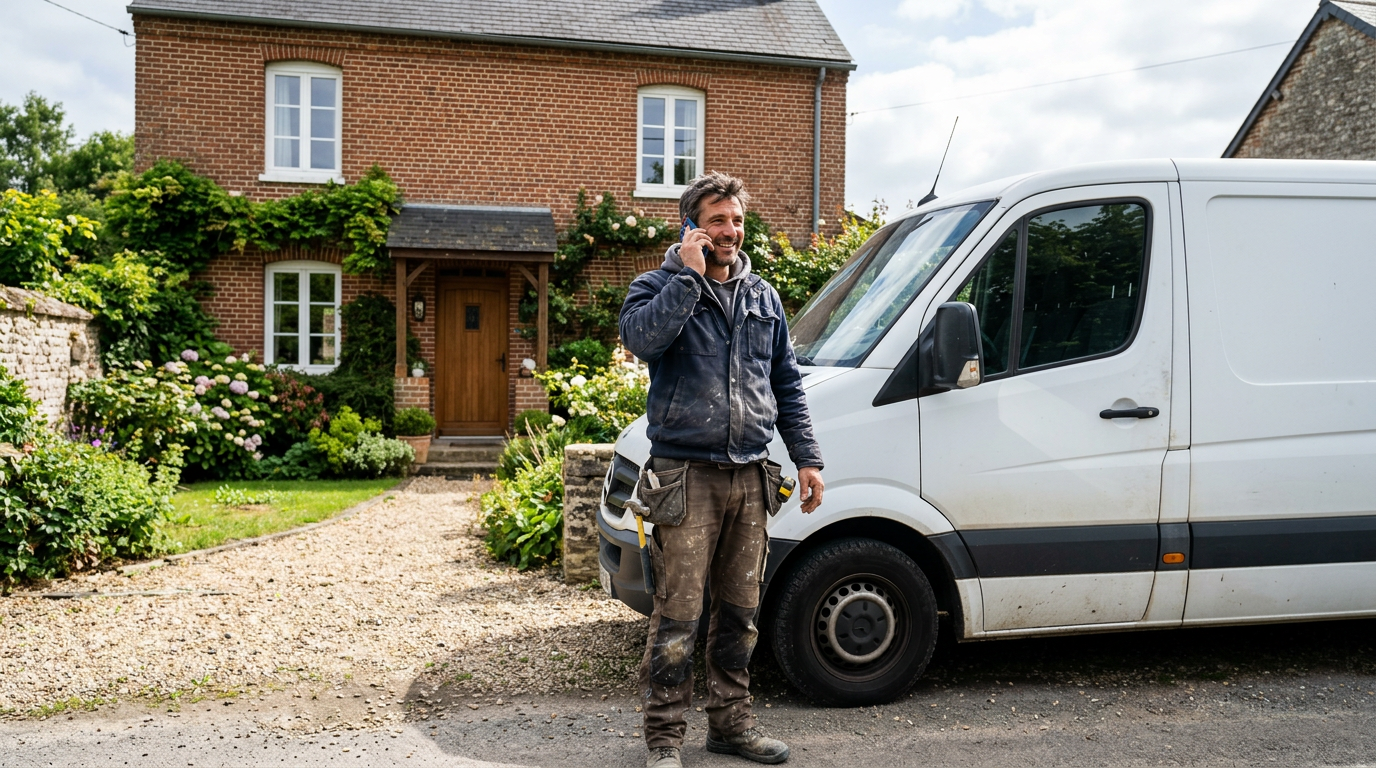 Artisan au téléphone devant son utilitaire blanc garé près d'une maison en briques