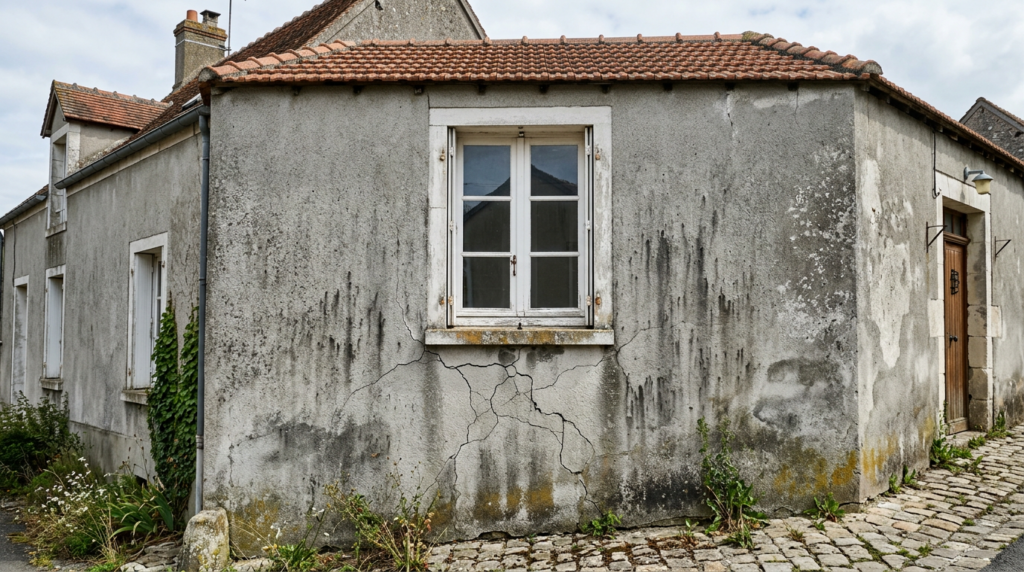 Façade enduite grise fissurée et tachée d'une maison