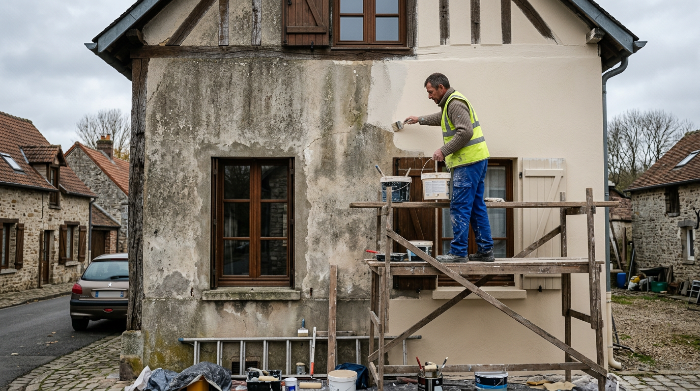 Artisan repeignant une façade depuis un échafaudage