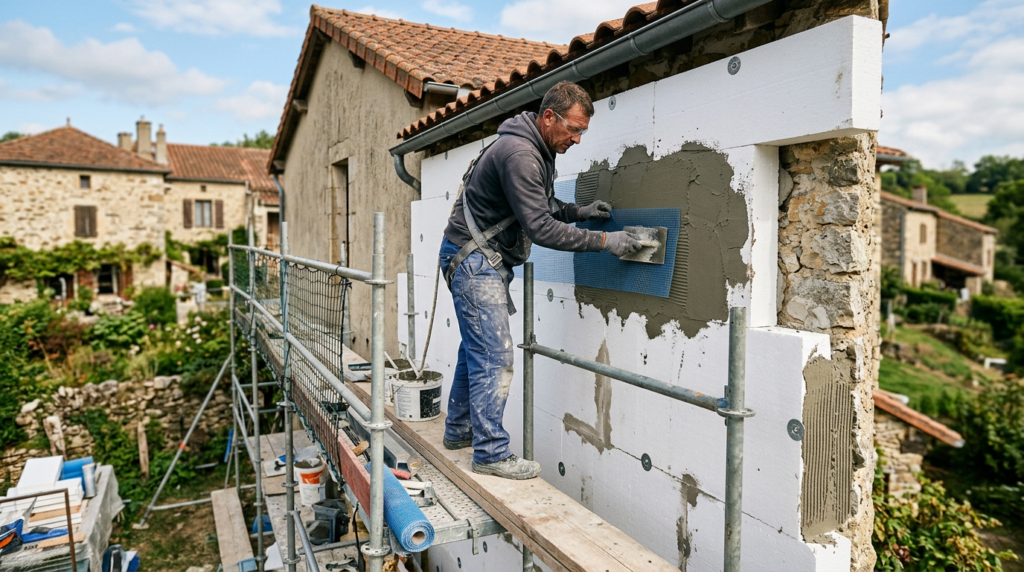 Pose de panneaux d'isolation thermique par l'extérieur sur un mur de maison