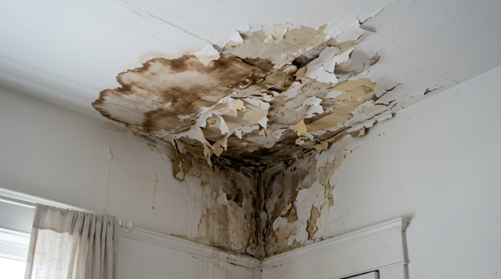 Tache d'humidité et peinture décollée au plafond d'une chambre après une fuite de toiture