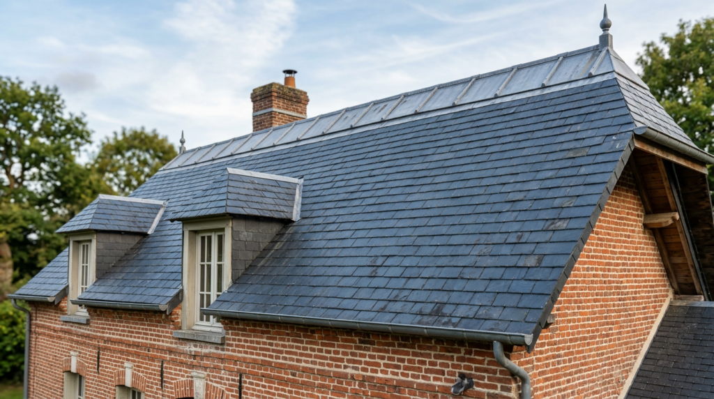Toiture en ardoise naturelle sur une maison en briques