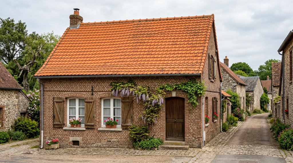 Maison de village en briques couverte de tuiles en terre cuite